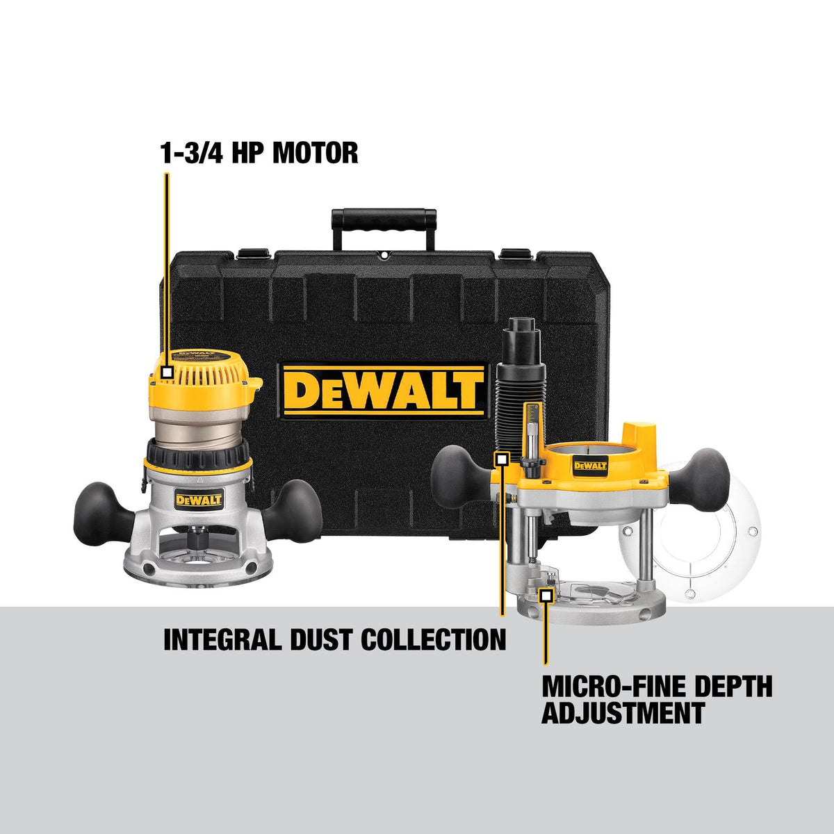 DEWALT DW616PK Router, Fixed/Plunge Base Combo Kit, 11-Amp, 1-3/4 Hp, - feature callout