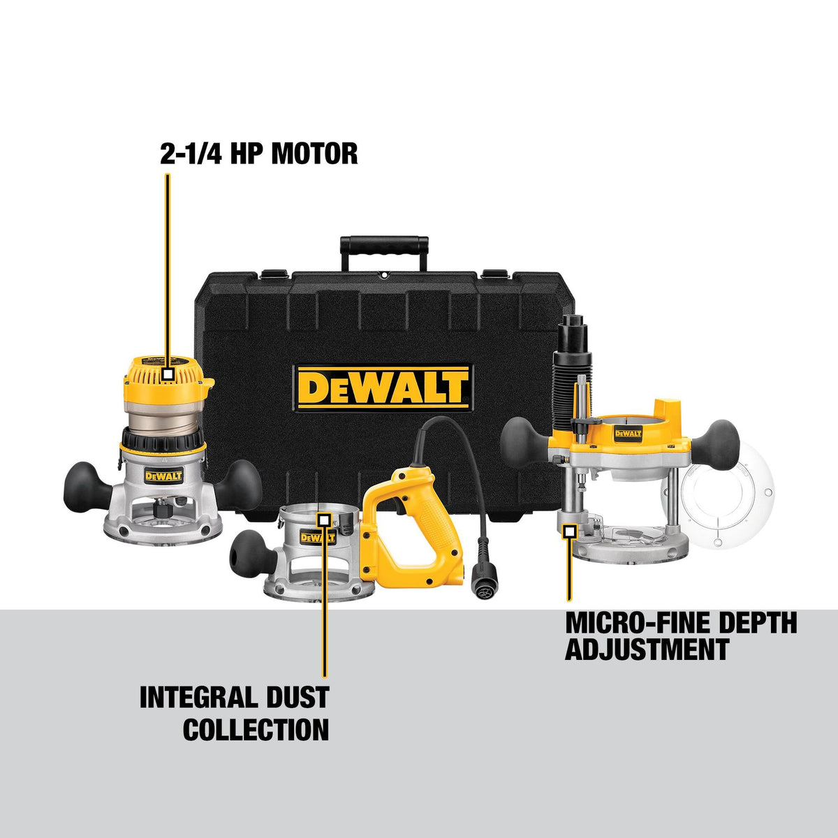 DEWALT DW618B3 2-1/4 HP (maximum motor HP) Three Base Router Kit - feature callout