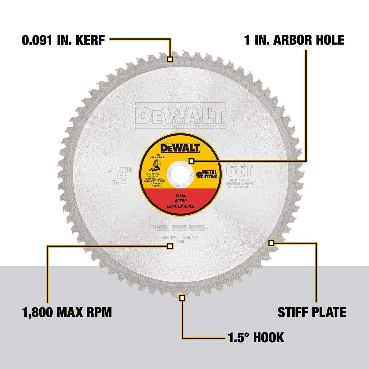 DEWALT DWA7747 14-Inch Metal Cutting Blade, Ferrous Metal Cutting, 66-Tooth - feature callout
