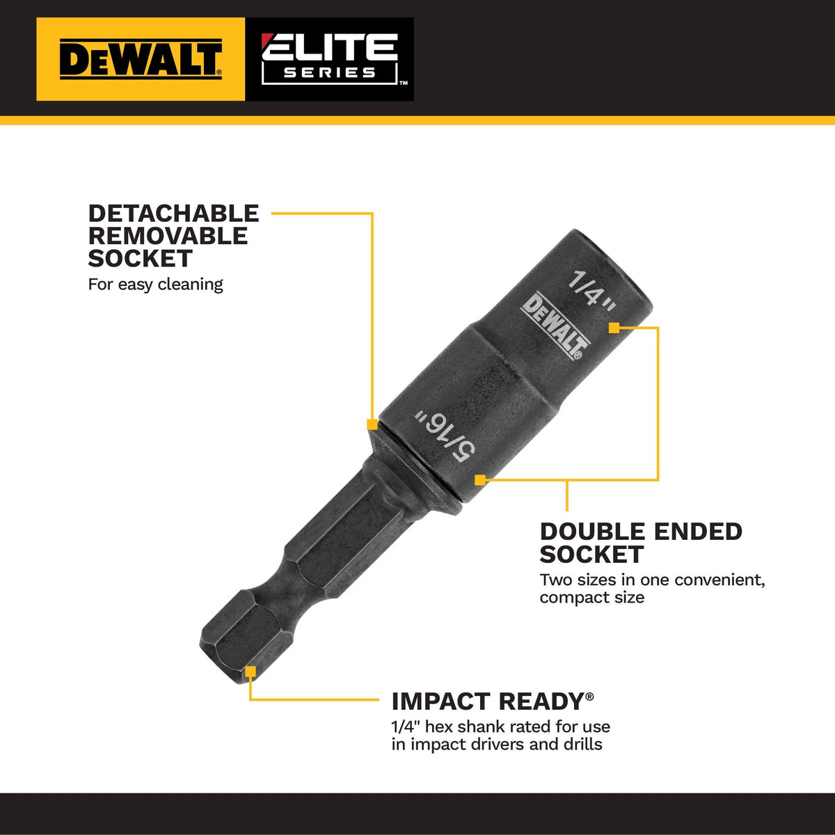 DEWALT DWADEND14516 1/4In + 5/16In Reversible Nut Driver - feature callout