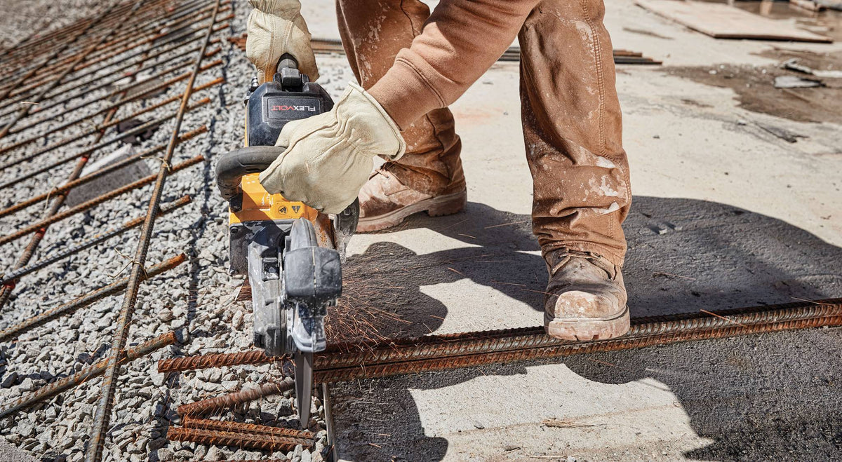 DEWALT DWAFV8918 FLEXVOLT 9 In x .045 in Ceramic Abrasive Chop / Cut-Off Blade with 7/8 in Arbor For Stainl - in use