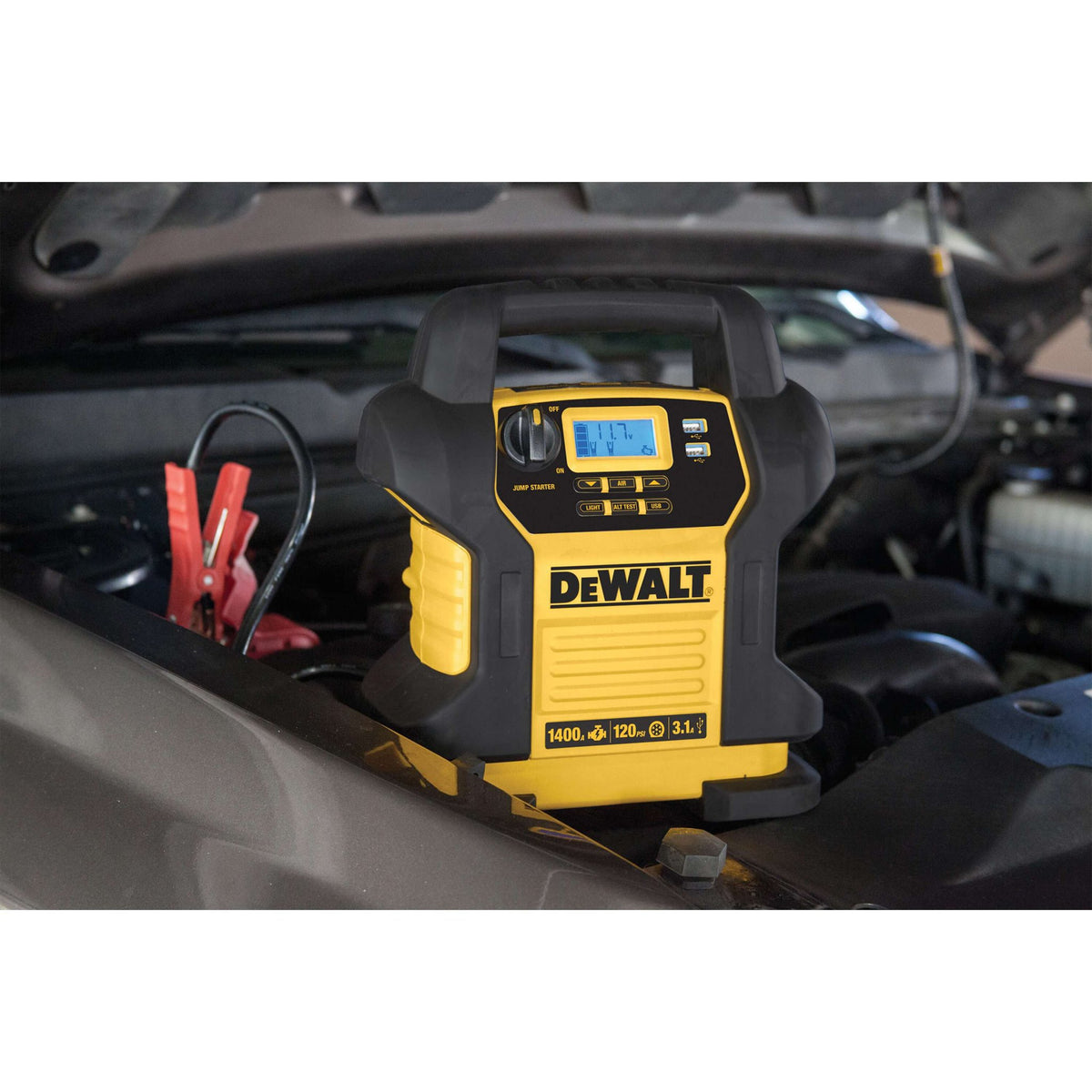 DEWALT DXAEJ14-CA 1600 Peak Amp Jump Starter with Digital Compressor and USB Power Bank - kit contents