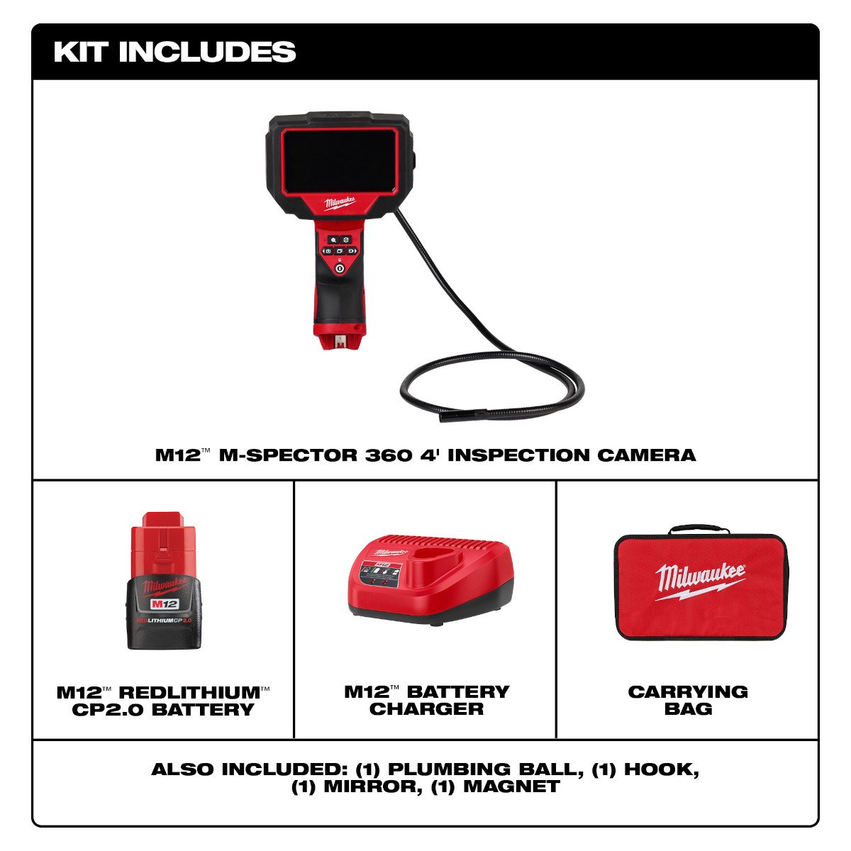 Milwaukee 2323-21 M12™ M-Spector™ 360 4' Inspection Camera - feature callout