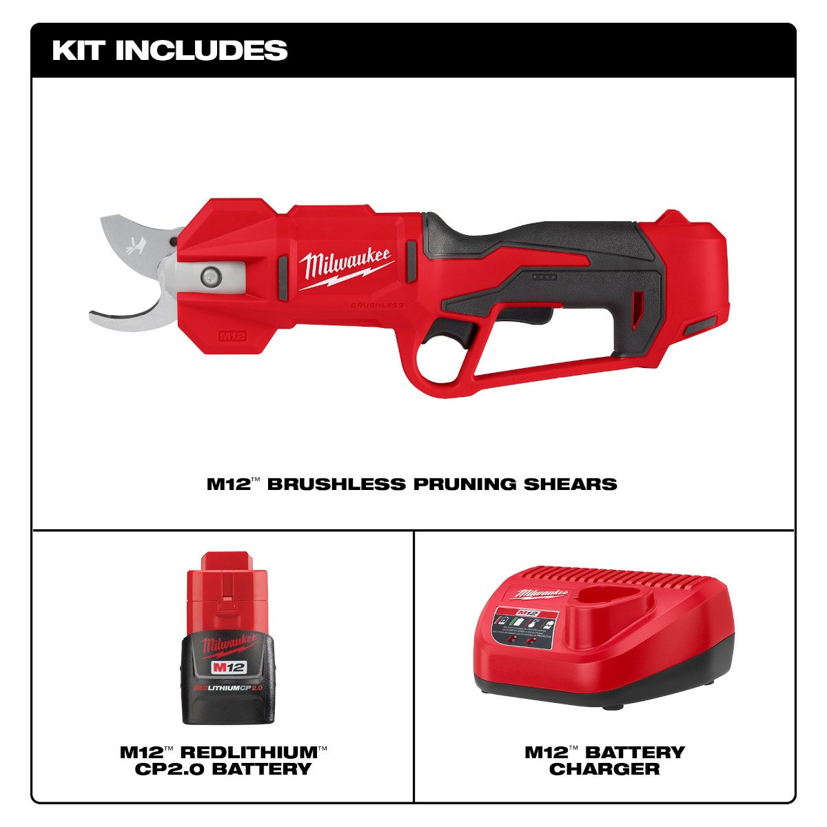 Milwaukee 2534-21 M12™ Brushless Pruning Shears Kit - feature callout