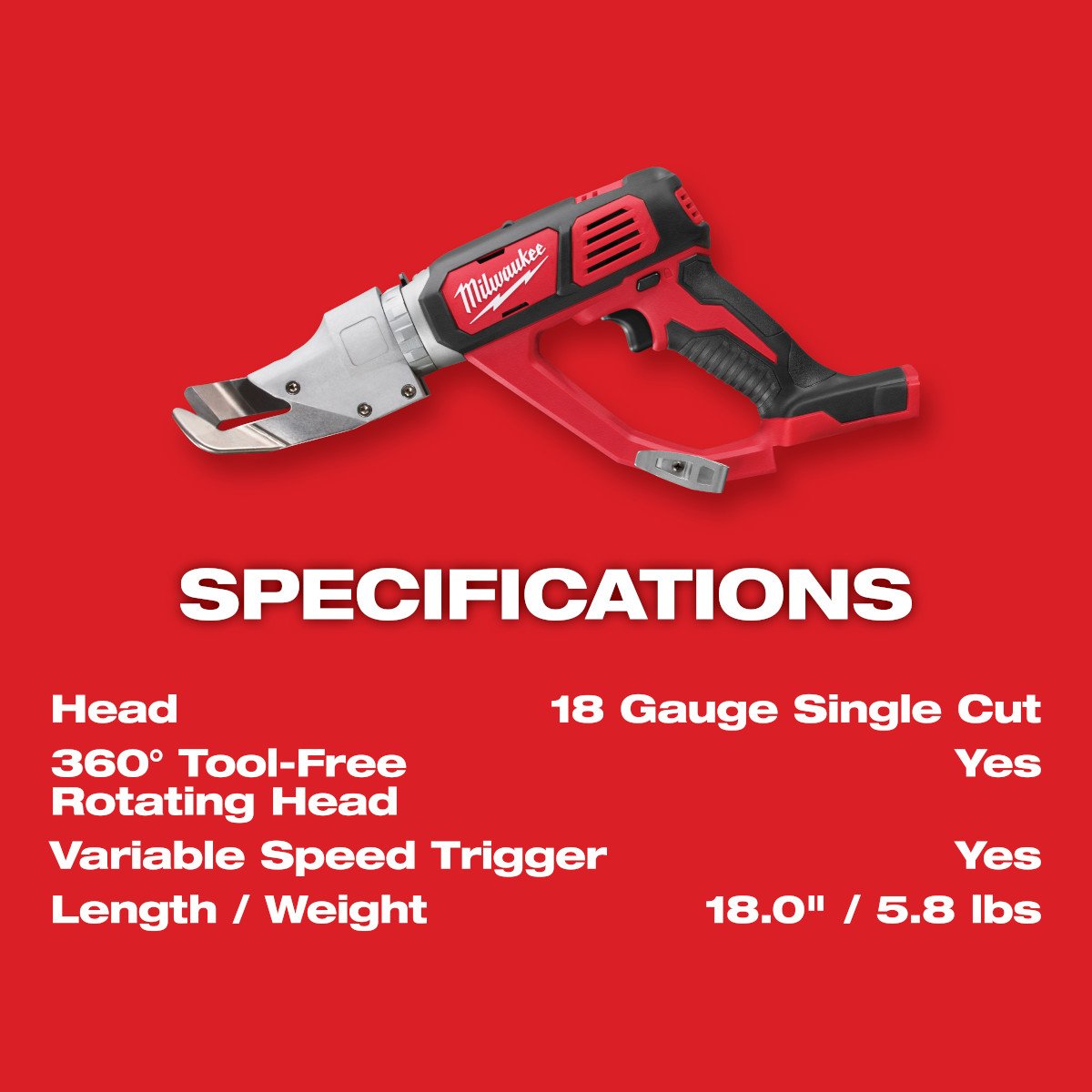 Milwaukee 2637-22 M18 Cordless Shear Kit (Special order item) - feature callout