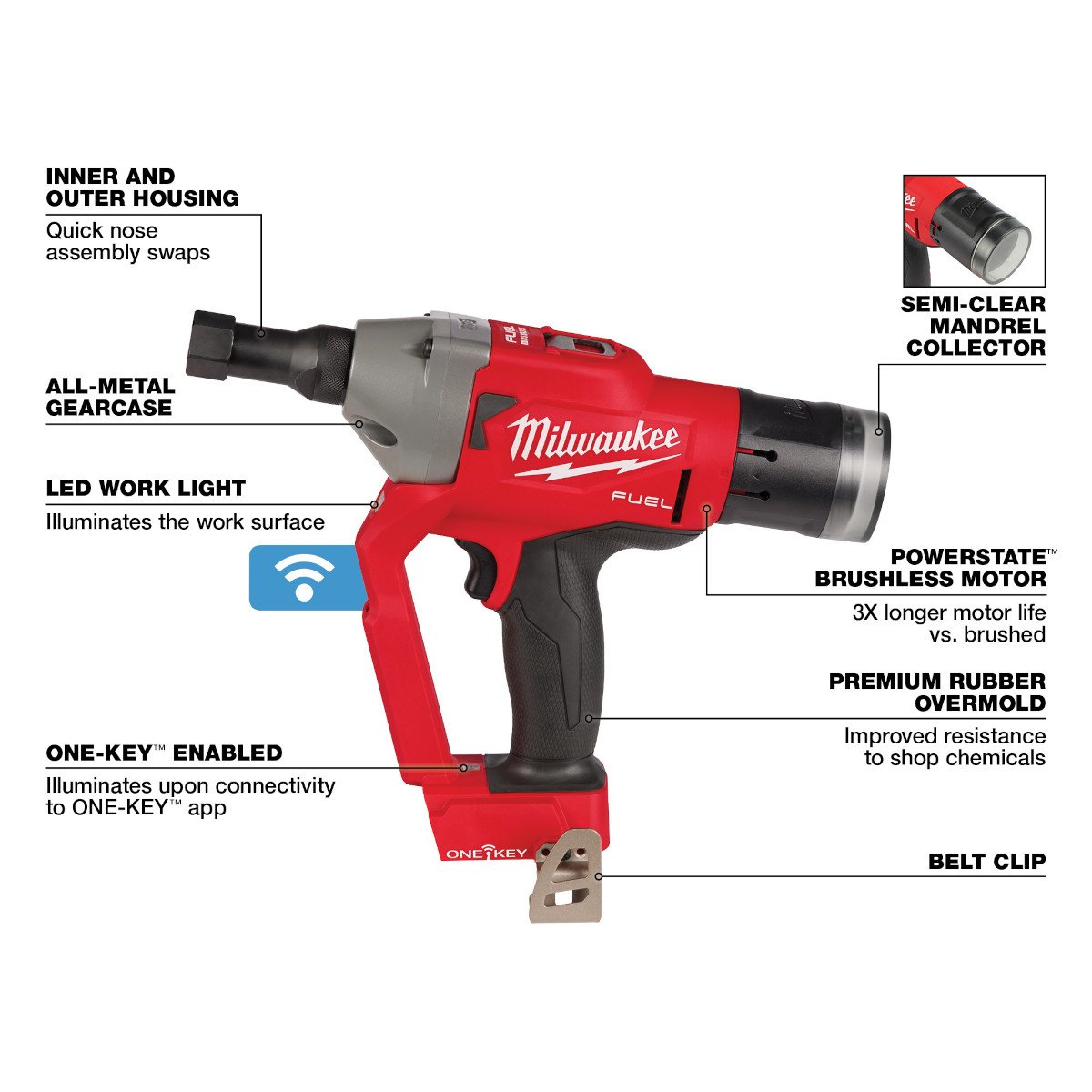 Milwaukee 2661-20 M18 FUEL™ 1/4" Lockbolt Tool w/ ONE-KEY™ - feature callout