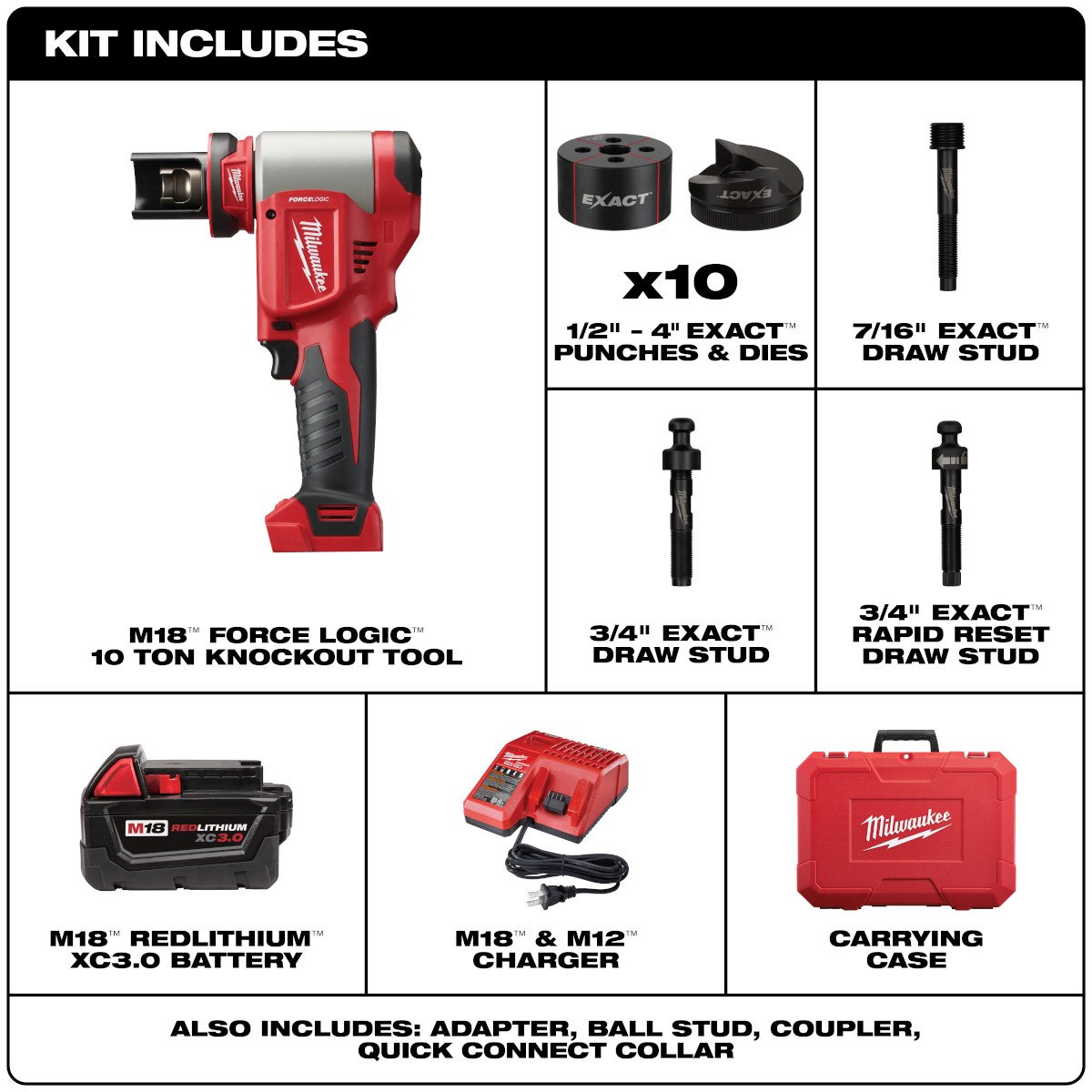 Milwaukee 2676-23 M18™ FORCE LOGIC™ 10-Ton Knockout Tool 1/2 in. to 4 in. Kit - feature callout