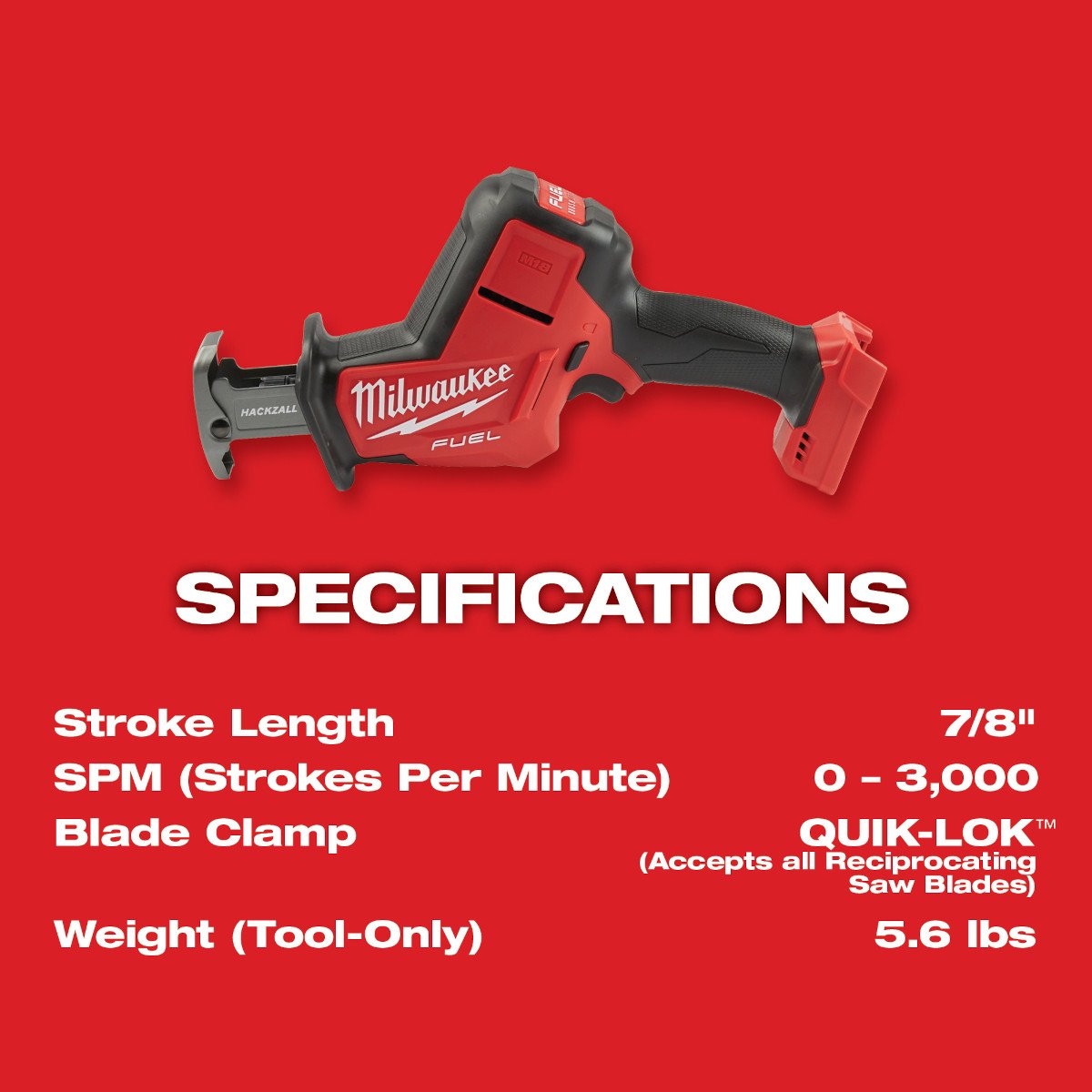 Milwaukee 2719-20 M18 FUEL™ HACKZALL® Reciprocating Saw - feature callout