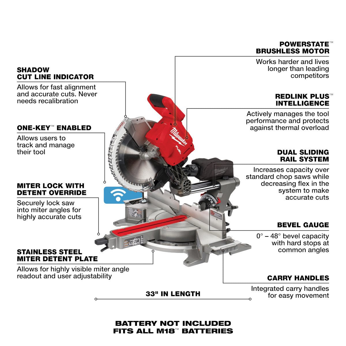 Milwaukee 2739-20 M18 FUEL™ 12 in. Dual Bevel Sliding Compound Miter Saw - feature callout