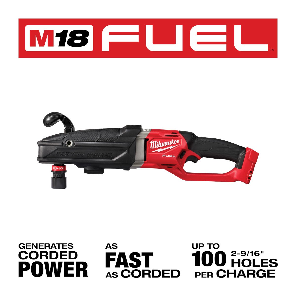 Milwaukee 2811-20 M18 FUEL™ Super Hawg™ Right Angle Drill with QUIK-LOK™ - feature callout