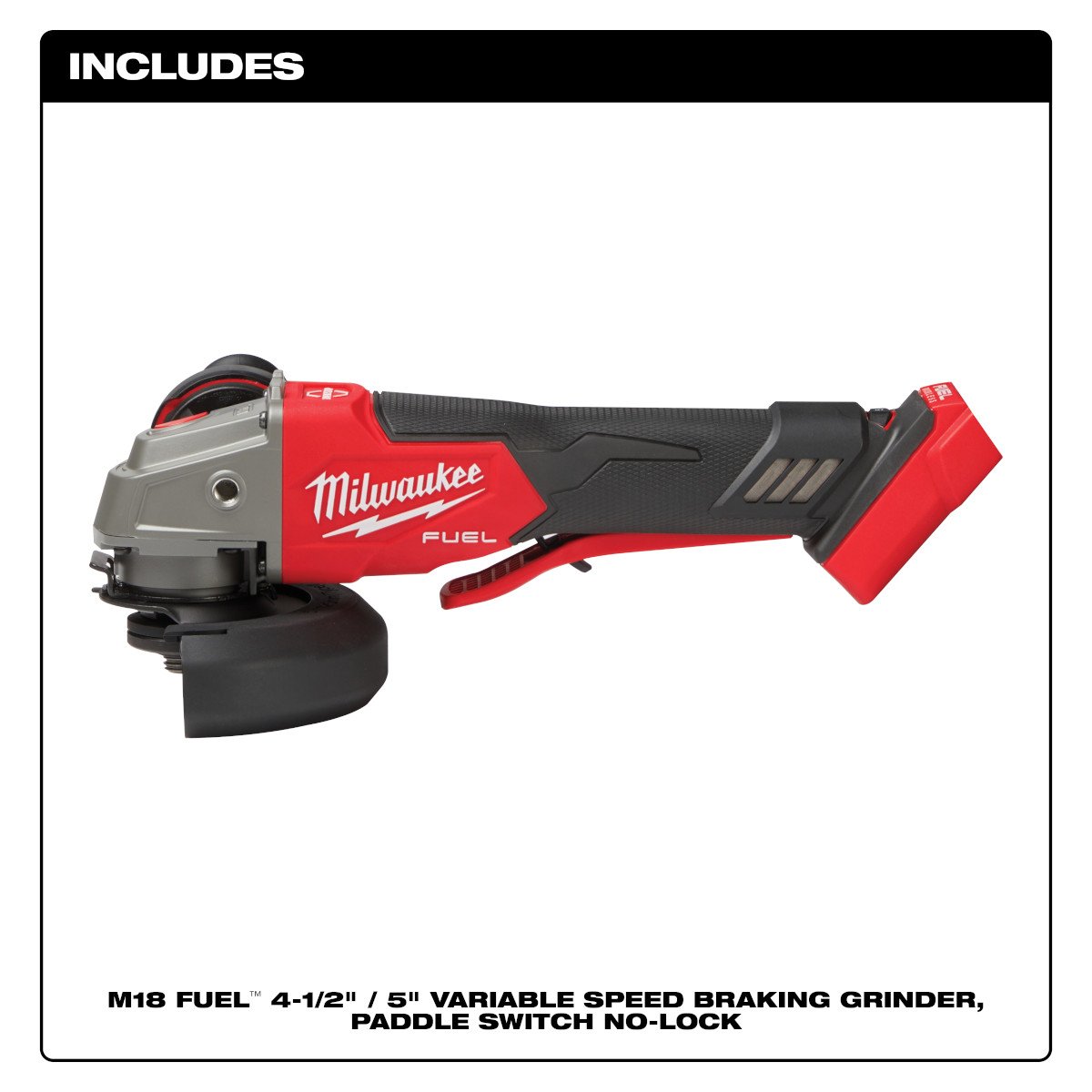Milwaukee 2888-20 M18 FUEL™ 4-1/2" / 5" Variable Speed Braking Grinder, Paddle Switch No-Lock - feature callout