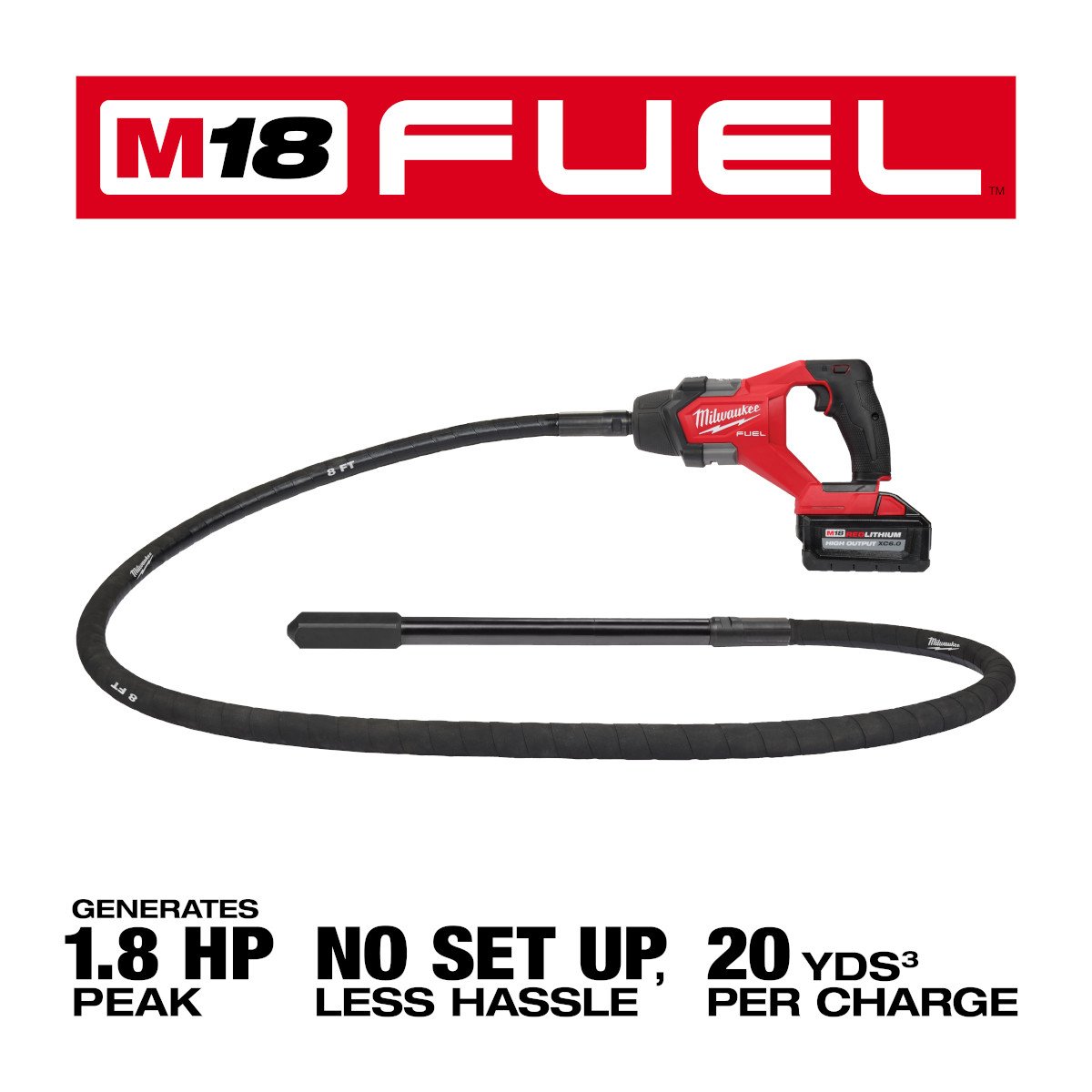 Milwaukee 2911-21 M18 FUEL™ 8' Concrete Pencil Vibrator Kit - feature callout