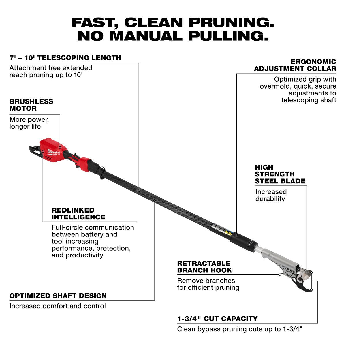 Milwaukee 3008-20 M18™ Brushless Telescoping Pole Pruning Shears - feature callout