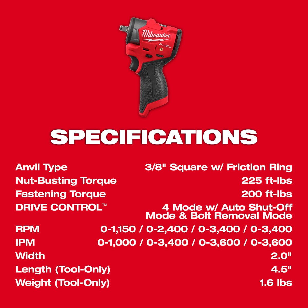 Milwaukee 3049-20 M12 FUEL™ 3/8" Subcompact Impact Wrench w/ Friction Ring - feature callout