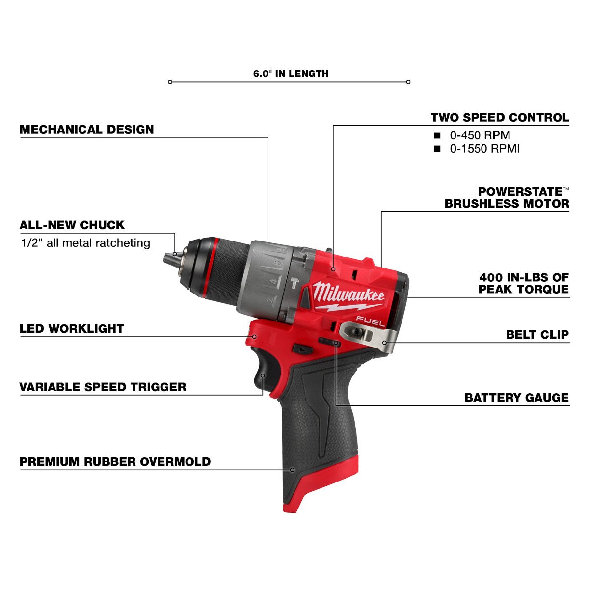 Milwaukee 3404-20 M12 FUEL™ 1/2" Hammer Drill/Driver - feature callout