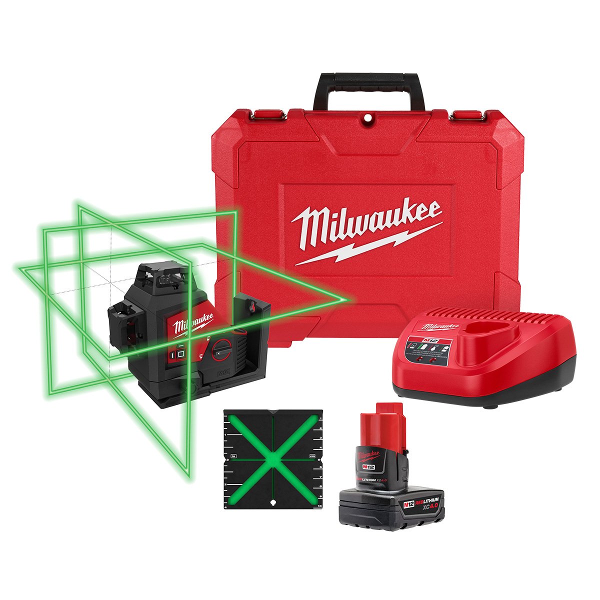 Milwaukee 3632-21 M12™ Green 360-Degree 3-Plane Laser Kit - kit contents