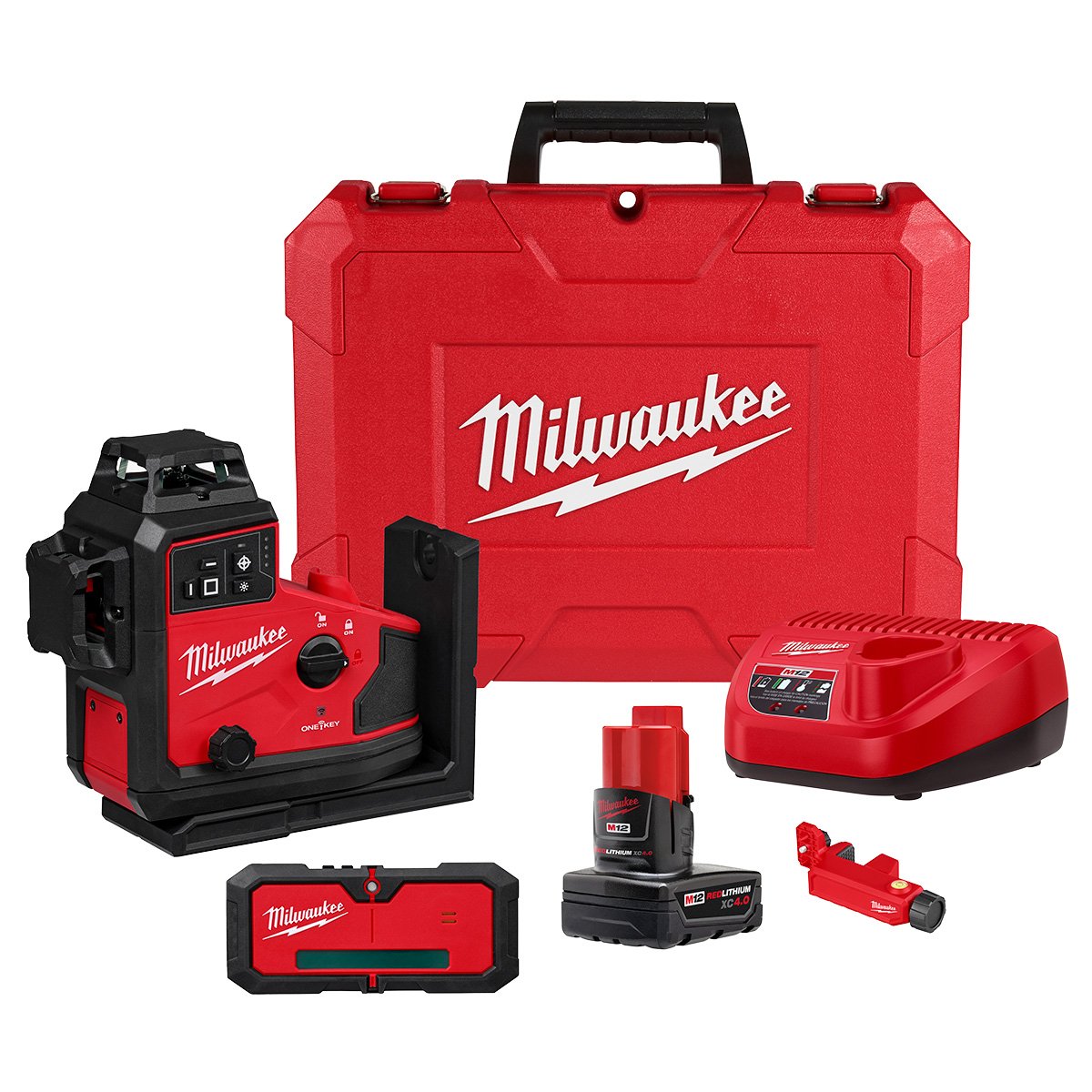Milwaukee 3642-21 M12™ Green 360° 3-Plane Laser w/Automatic Alignment & Receiver - kit contents