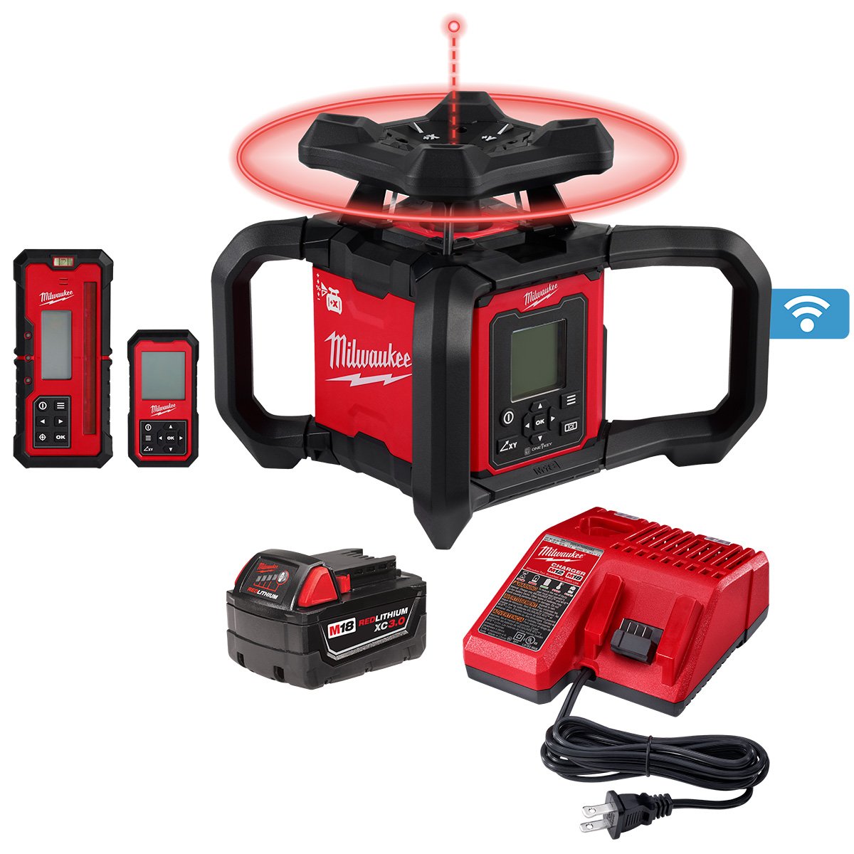 Milwaukee 3704-21 M18™ Red Exterior Dual Slope Rotary Laser Level Kit w/ Receiver & Remote - kit contents