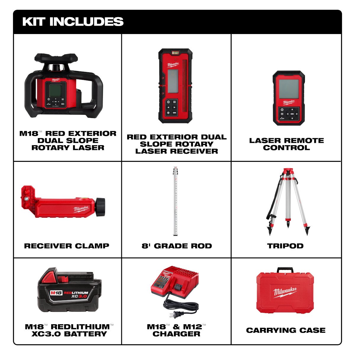Milwaukee 3704-21T M18™ Red Exterior Dual Slope Rotary Laser Level Kit w/ Receiver, Remote, Grade Rod & Tripo - feature callout