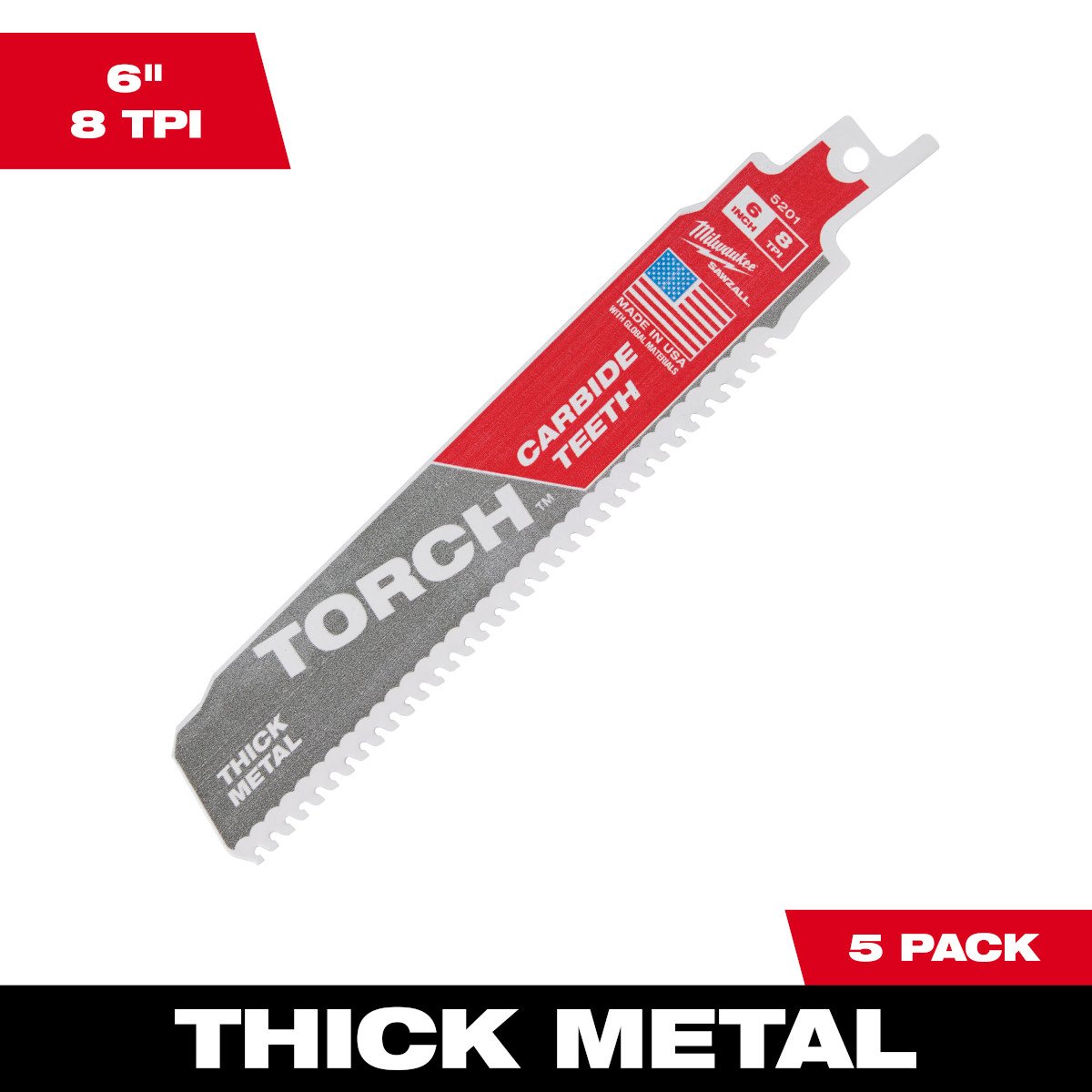 Milwaukee 48-00-5501 6" 8TPI THE TORCH™ Carbide Teeth Metal Cutting SAWZALL® Blade 5PK - feature callout