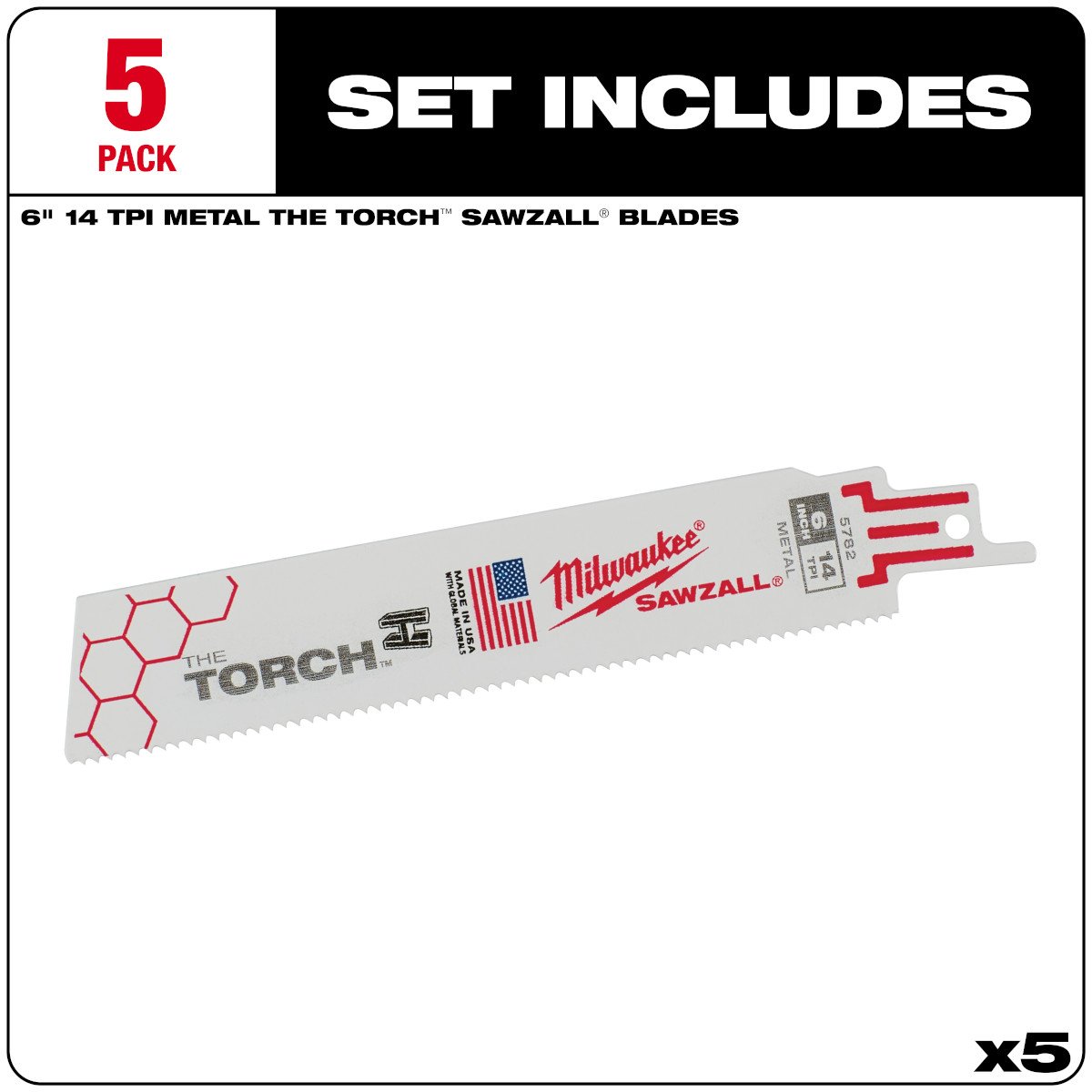 Milwaukee 48-00-5782 6" 14 TPI The Torch™ SAWZALL® Blades (5 Pk) - feature callout