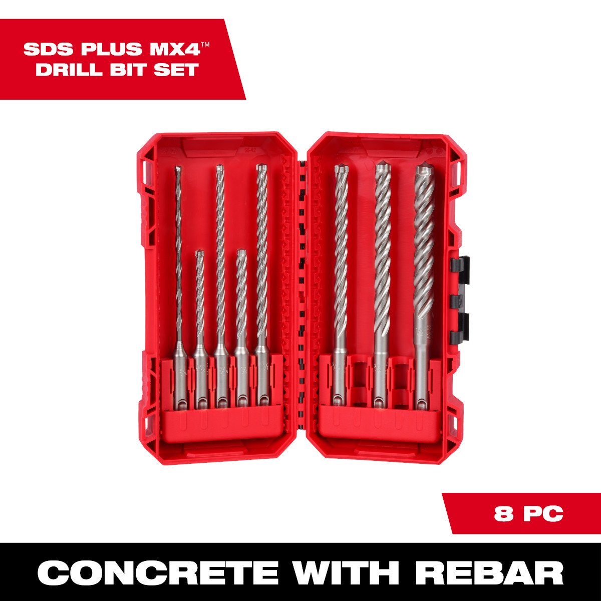 Milwaukee 48-20-7663 8pc. SDS Plus MX4™ 4-Cutter Drill Bit Kit - feature callout