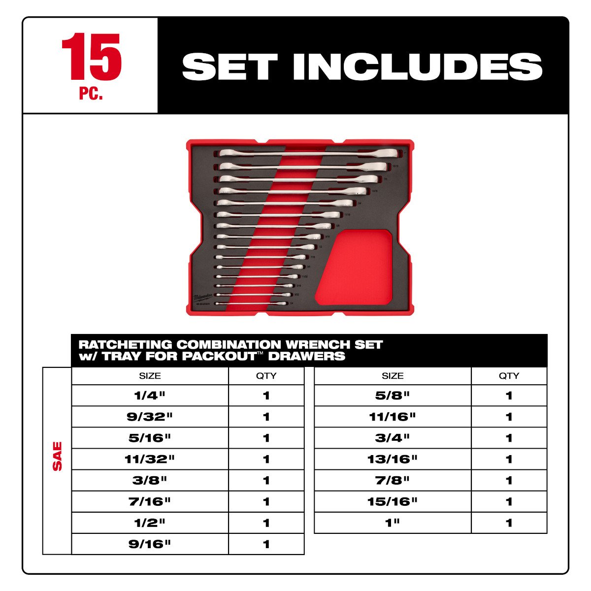 Milwaukee 48-22-0157 15pc SAE Combo Wrenches w/Foam - feature callout