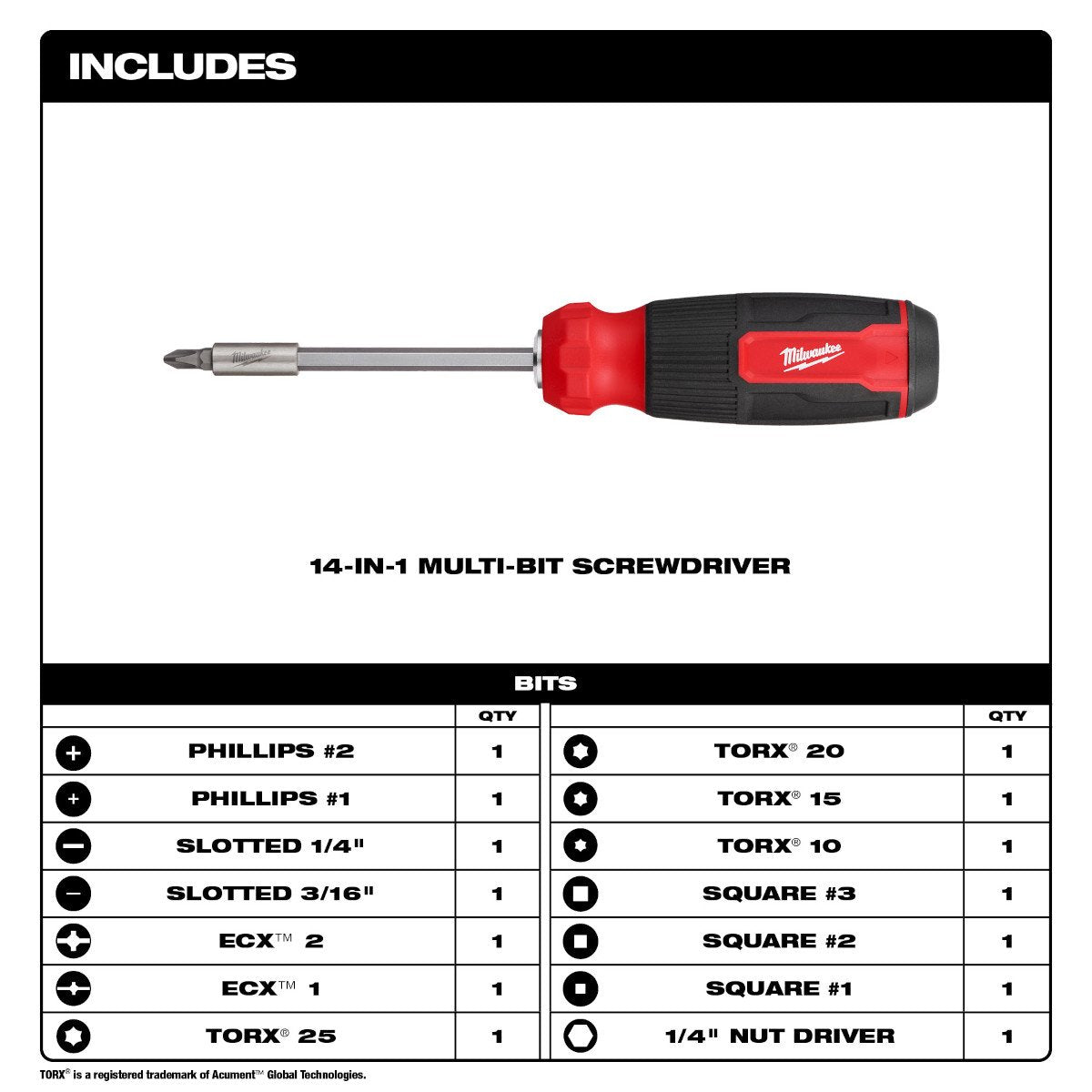 Milwaukee 48-22-2900 14-in-1 Multi-Bit Screwdriver - feature callout