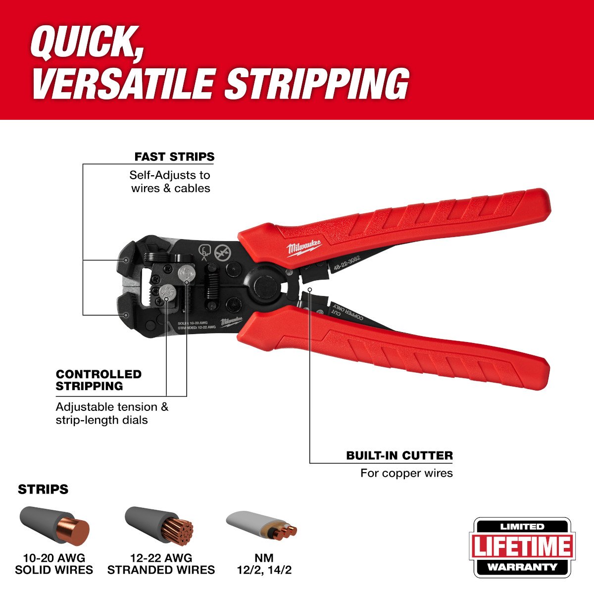 Milwaukee 48-22-3082 Self-Adjusting Wire Stripper & Cutter - feature callout