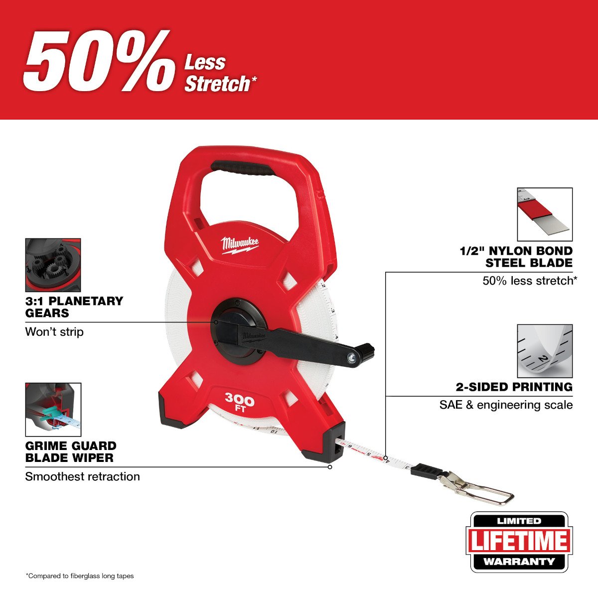 Milwaukee 48-22-5230 300 ft. Open Reel Long Tape - feature callout