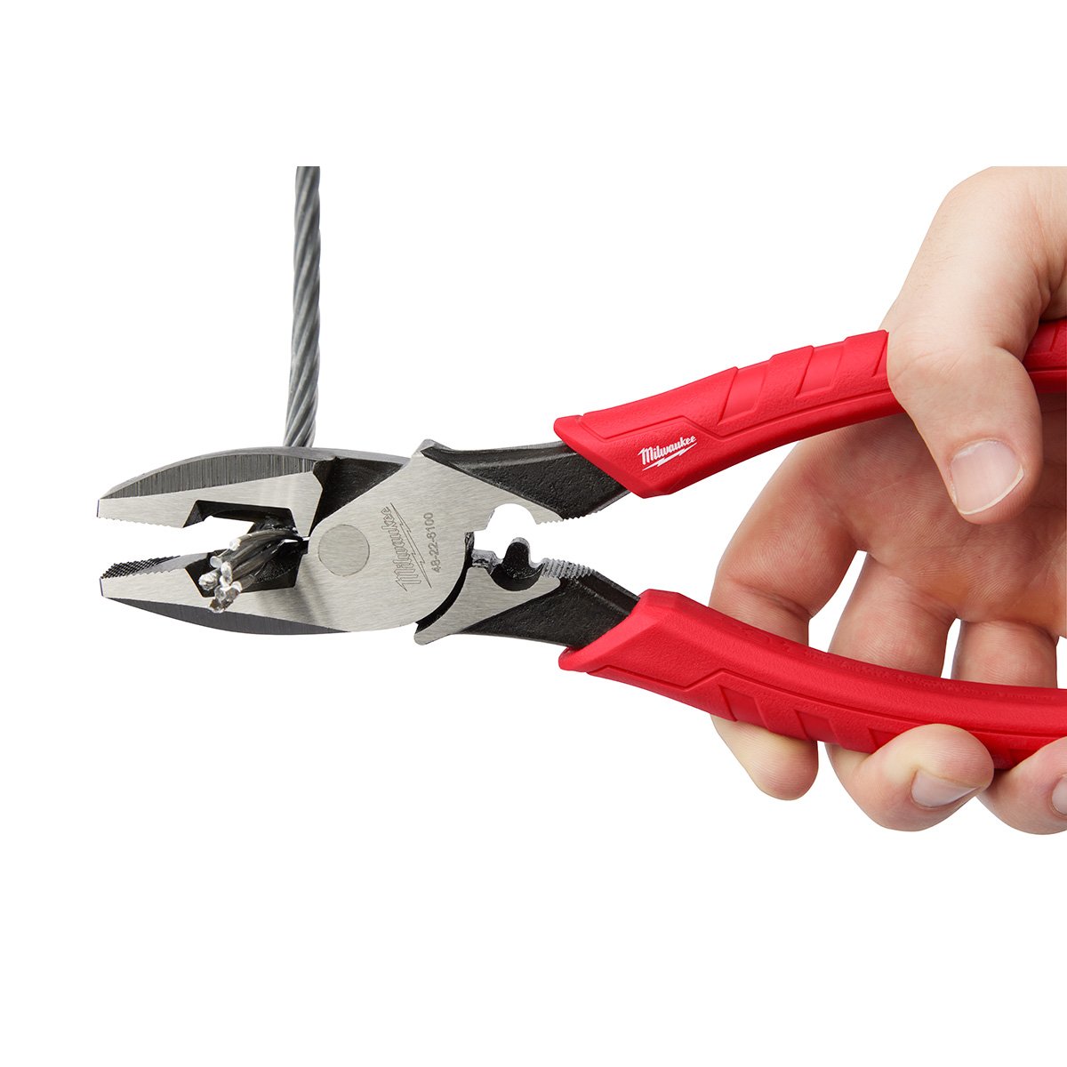 Milwaukee 48-22-6100 9 in. High Leverage Lineman's Pliers w/ Crimper - in use