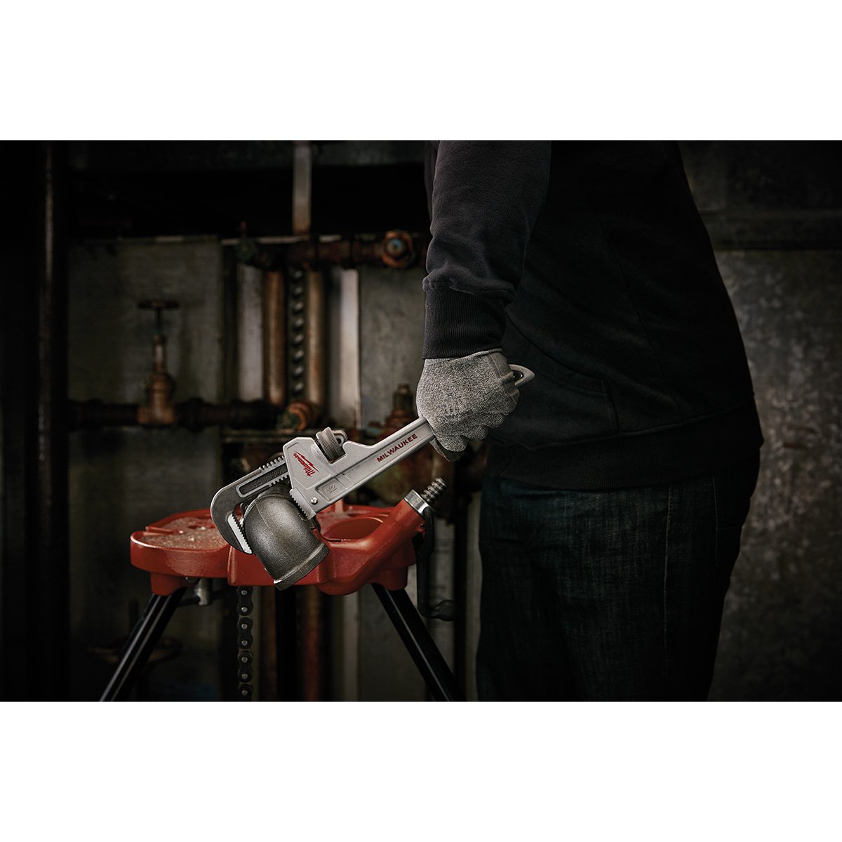 Milwaukee 48-22-7212 12” Aluminum Pipe Wrench - in use