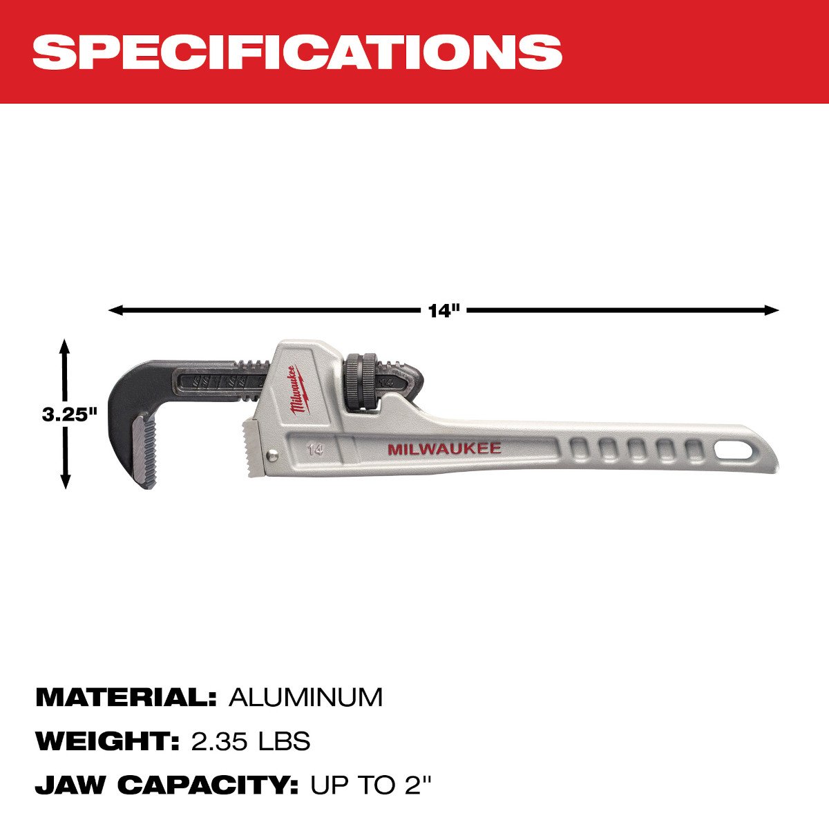 Milwaukee 48-22-7214 14 in. Aluminum Pipe Wrench - feature callout