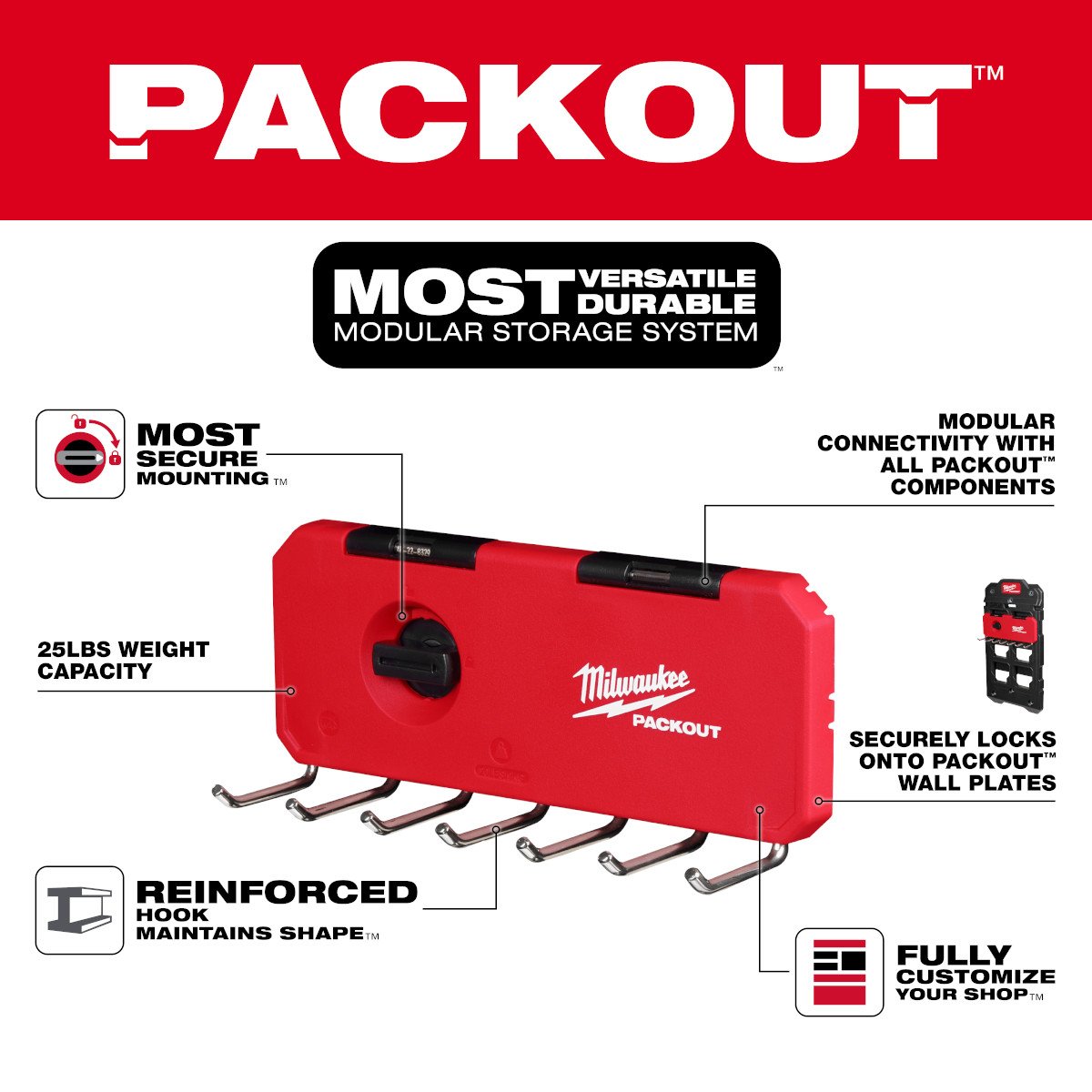 Milwaukee 48-22-8329 PACKOUT™ 7-Hook Rack - feature callout