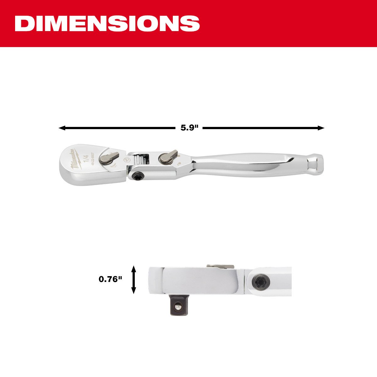Milwaukee 48-22-9007 1/4" Drive 6" Flex Head Ratchet - feature callout