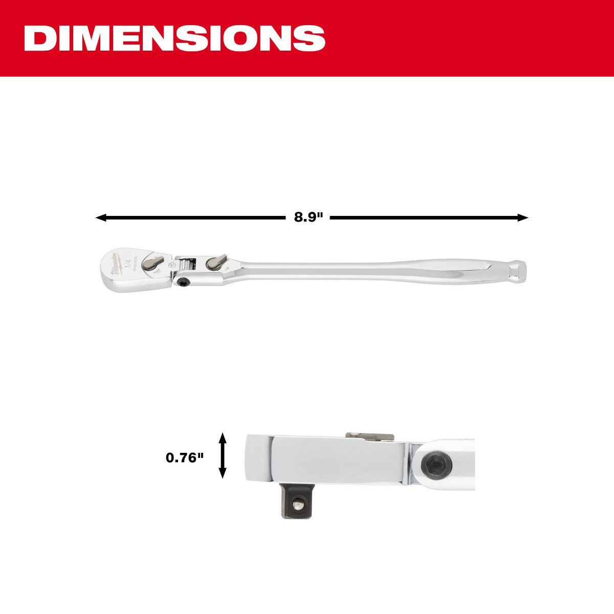 Milwaukee 48-22-9009 1/4" Drive 9" Flex Head Ratchet - feature callout