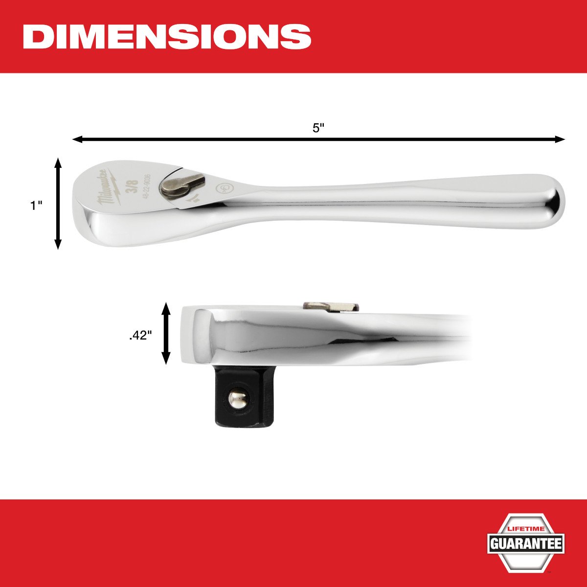 Milwaukee 48-22-9036 3/8" Drive 5" Ratchet - feature callout