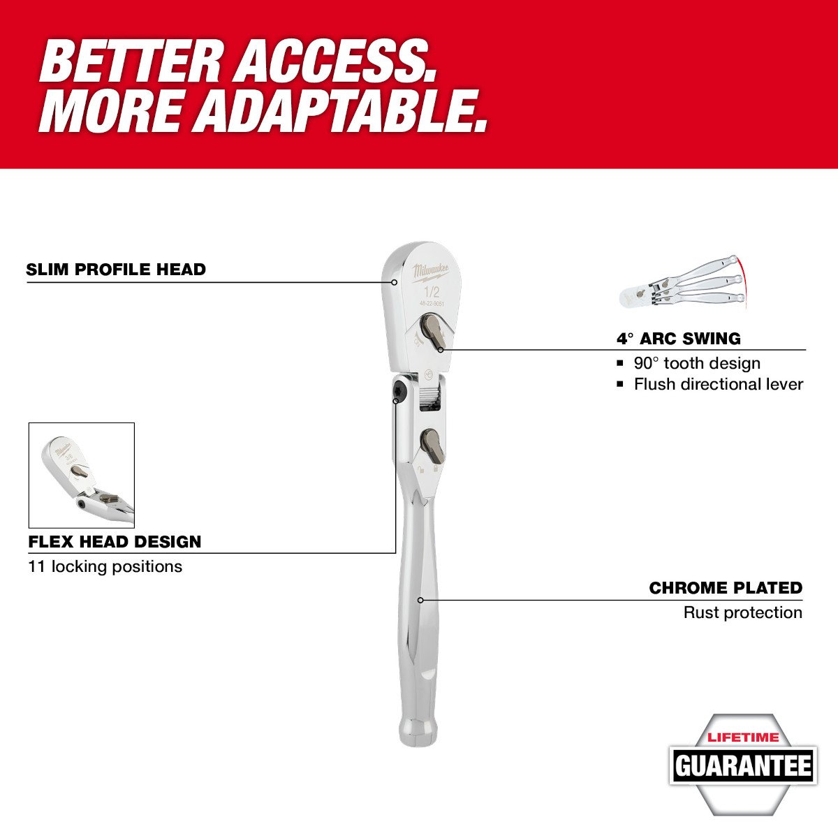 Milwaukee 48-22-9051 1/2" Drive 11" Flex Head Ratchet - feature callout