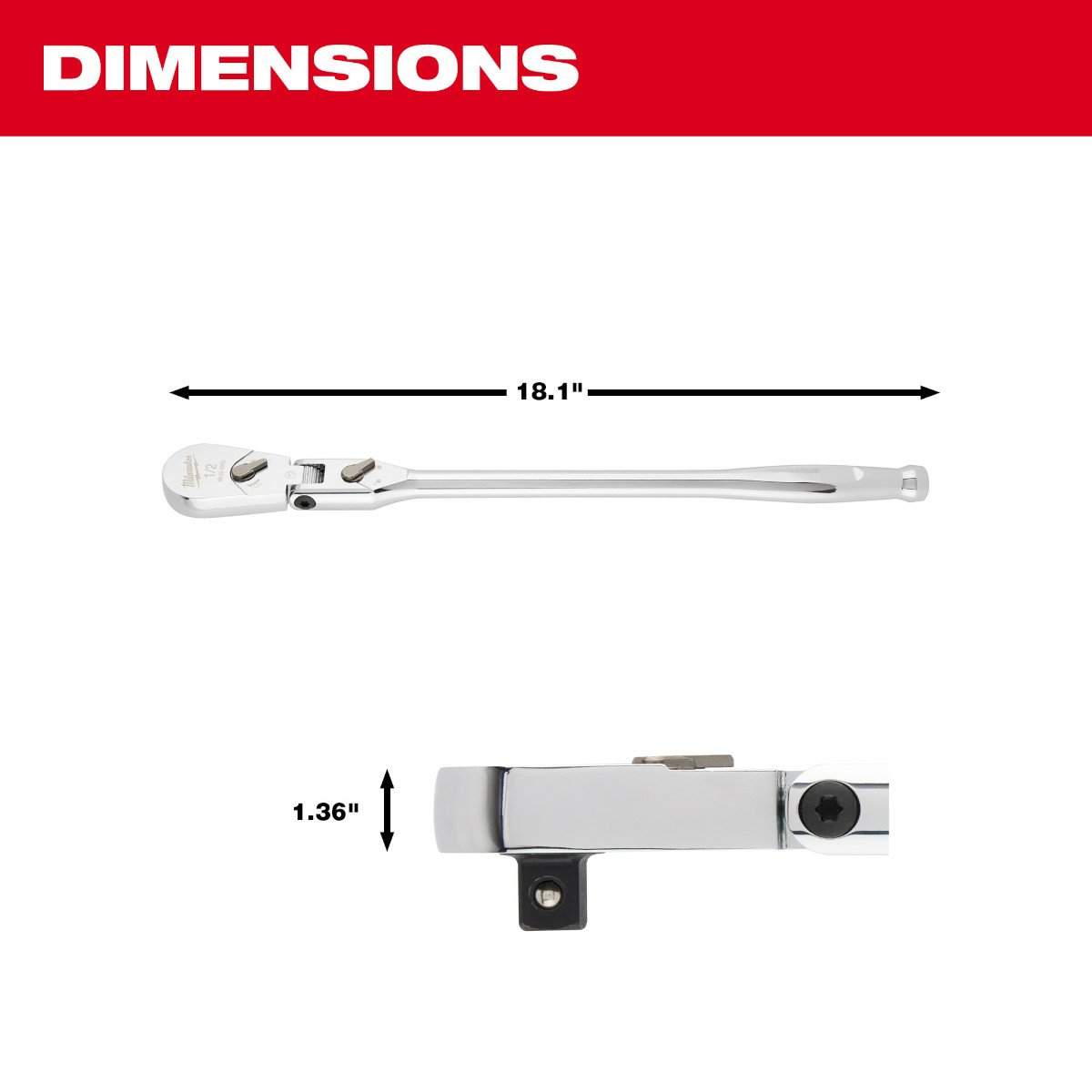 Milwaukee 48-22-9052 1/2" Drive 18" Flex Head Ratchet - feature callout