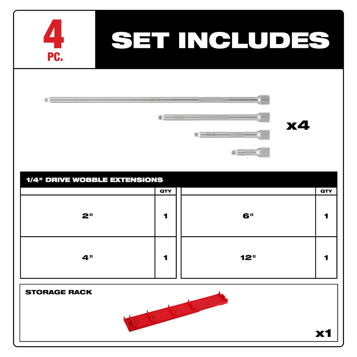 Milwaukee 48-22-9350 4pc 1/4” Drive Wobble Extension Set - feature callout