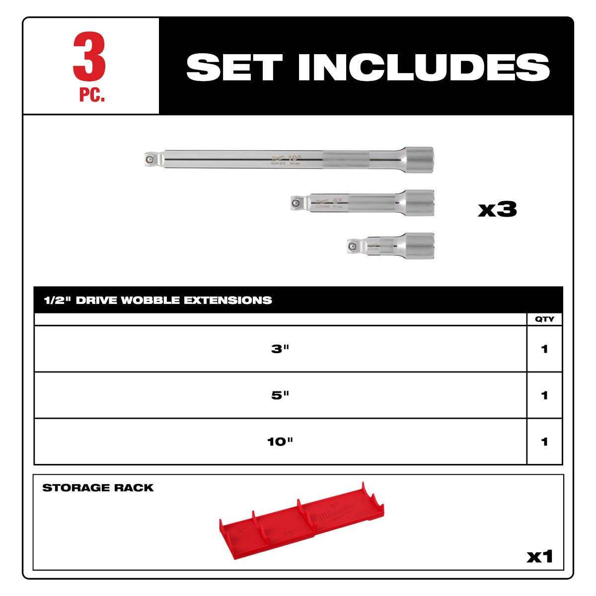 Milwaukee 48-22-9352 3pc 1/2” Drive Wobble Extension Set - feature callout