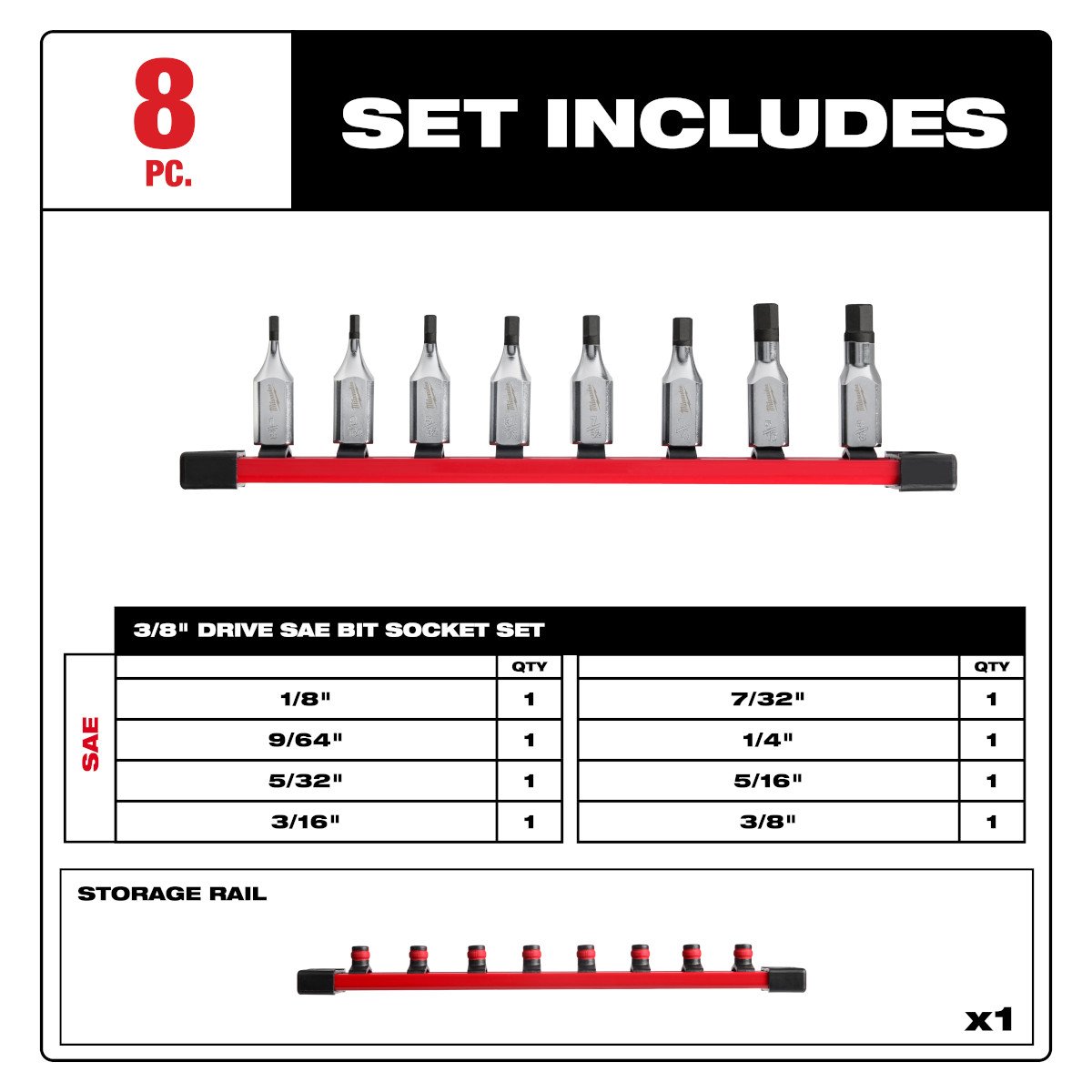 Milwaukee 48-22-9542 8pc 3/8" Drive Hex Bit Socket Set - SAE - feature callout