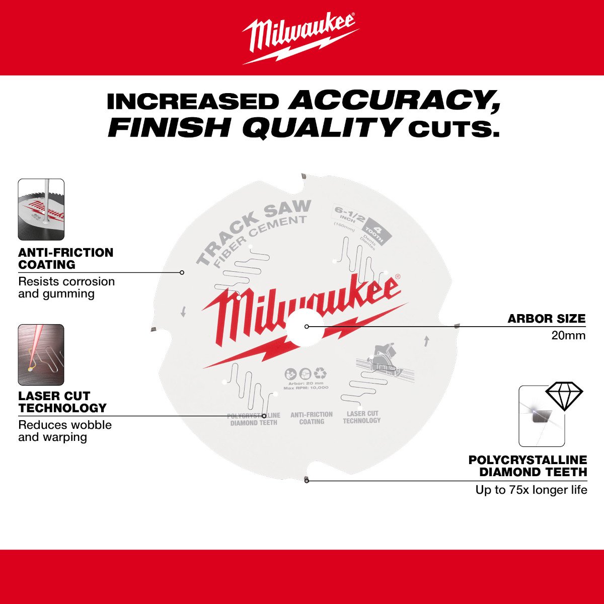 Milwaukee 48-40-0670 6-1/2” 4T Fiber Cement Track Saw Blade - feature callout