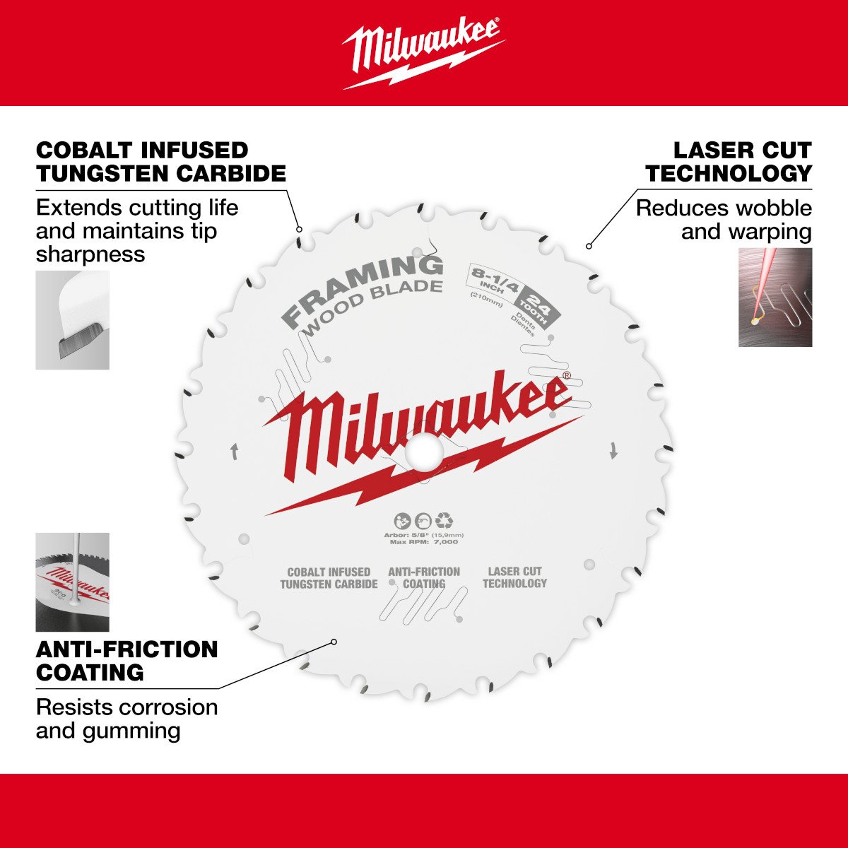 Milwaukee 48-40-0820 8-1/4 in. 24T Framing Circular Saw Blade - feature callout