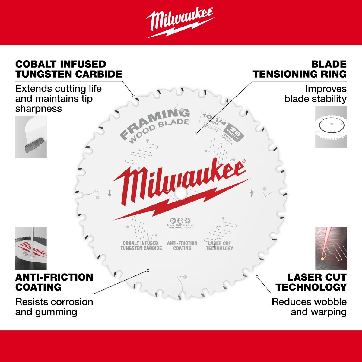 Milwaukee 48-40-1038 10-1/4 in. 28T Framing Circular Saw Blade - feature callout