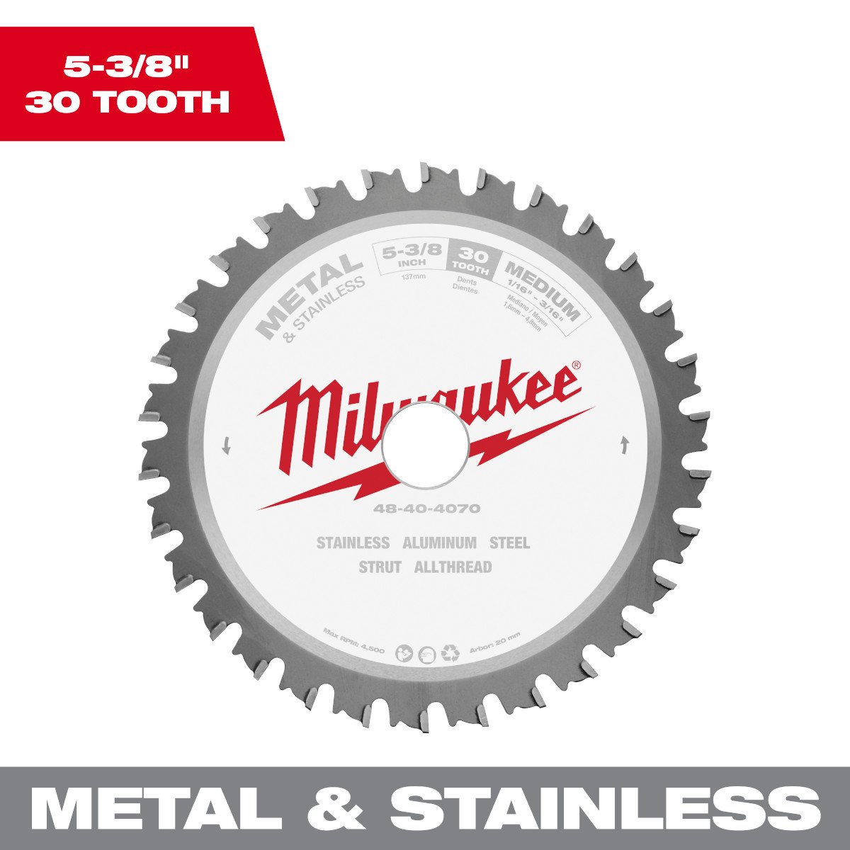 Milwaukee 48-40-4070 5-3/8 in. 30T Ferrous Metal Circular Saw Blade - feature callout