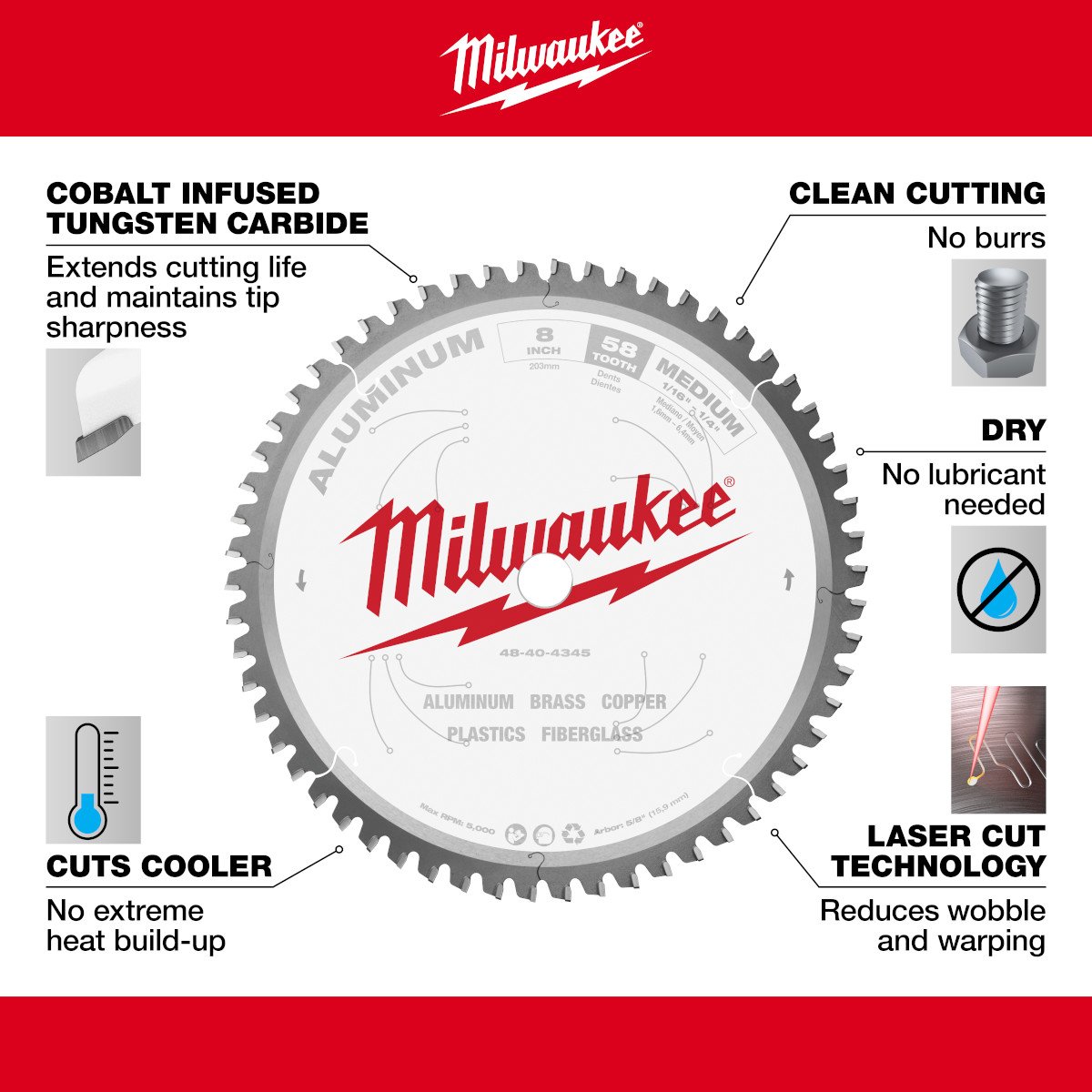 Milwaukee 48-40-4345 8 in. Aluminum Cutting Circular Saw Blade - feature callout