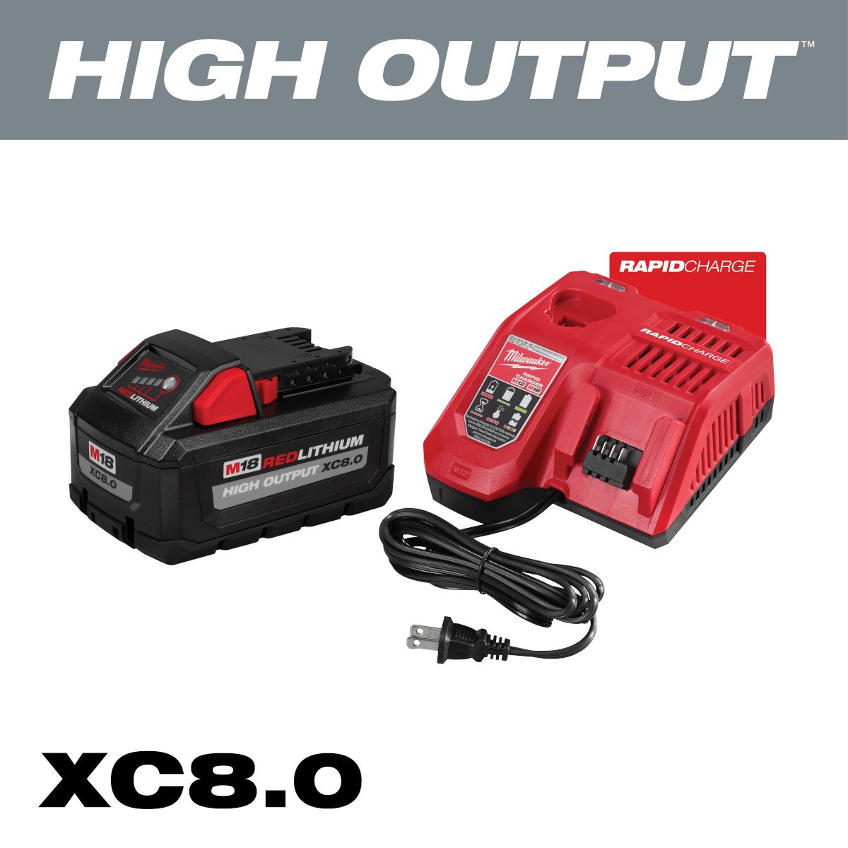 Milwaukee 48-59-1880 M18™ REDLITHIUM™ HIGH OUTPUT™ XC8.0 Starter Kit - feature callout