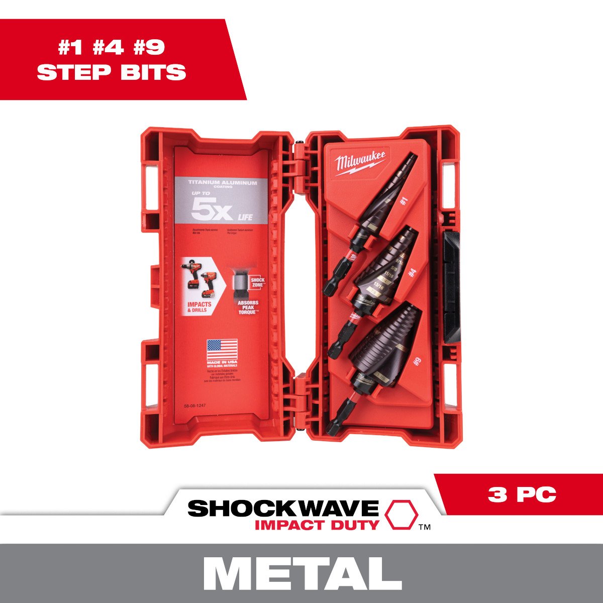Milwaukee 48-89-9257 SHOCKWAVE™ Impact Duty™ Step Bit Electrician Set (#1, #4, #9) - feature callout