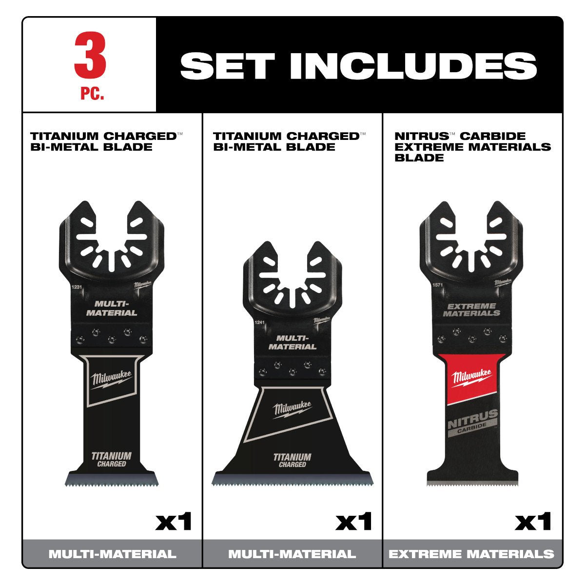 Milwaukee 49-10-9005 OPEN-LOK™ Multi-Material Multi-Tool Blade Variety Pack 3PC - feature callout